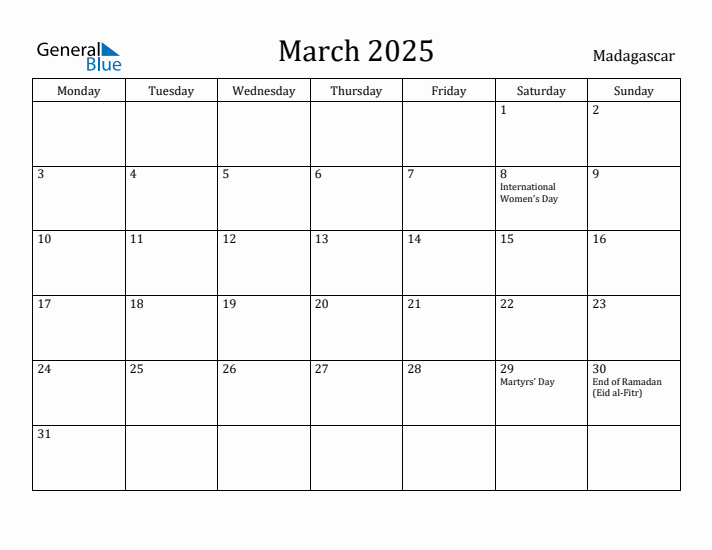 March 2025 Calendar Madagascar