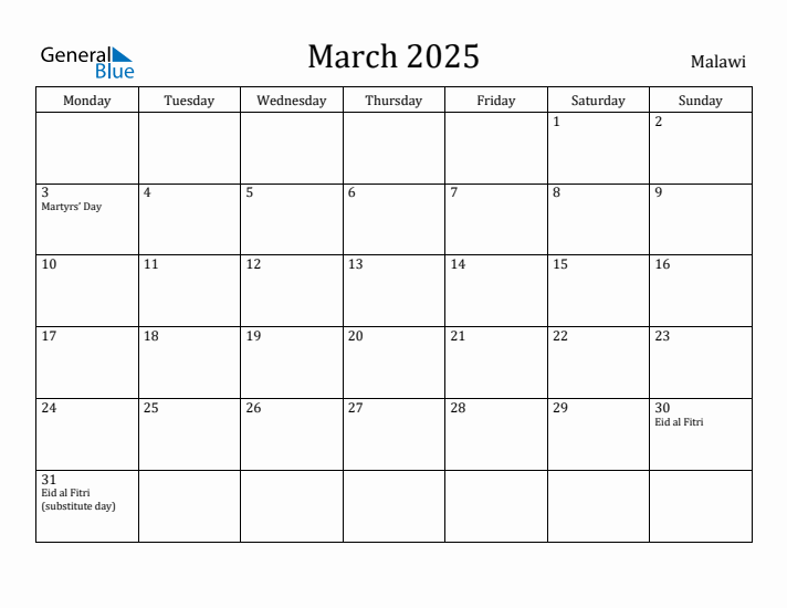March 2025 Calendar Malawi