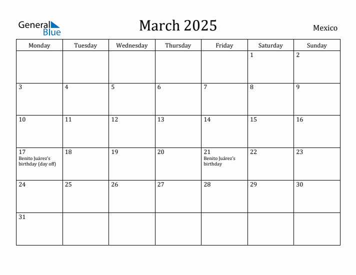 March 2025 Calendar Mexico