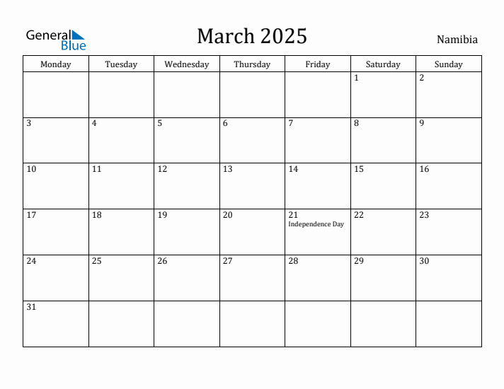 March 2025 Calendar Namibia