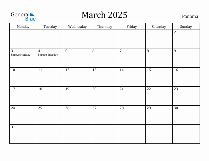 March 2025 Calendar Panama