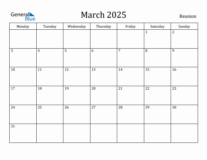 March 2025 Reunion Monthly Calendar with Holidays