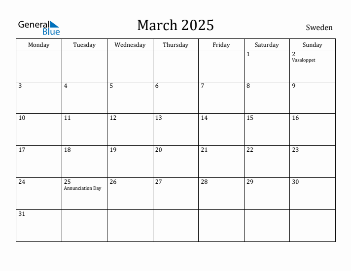 March 2025 Calendar Sweden