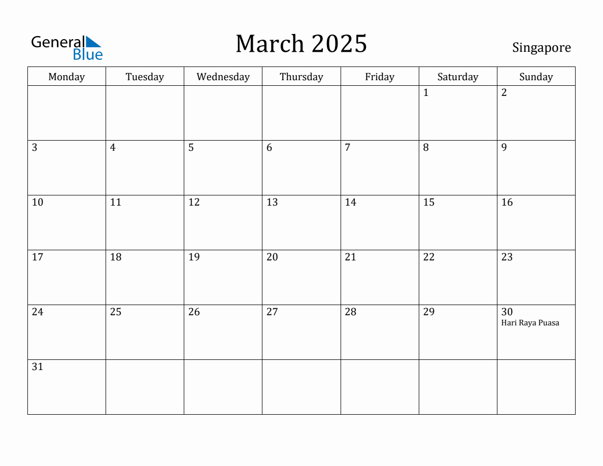 March 2025 Singapore Monthly Calendar with Holidays