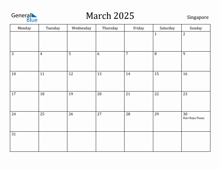 March 2025 Calendar Singapore