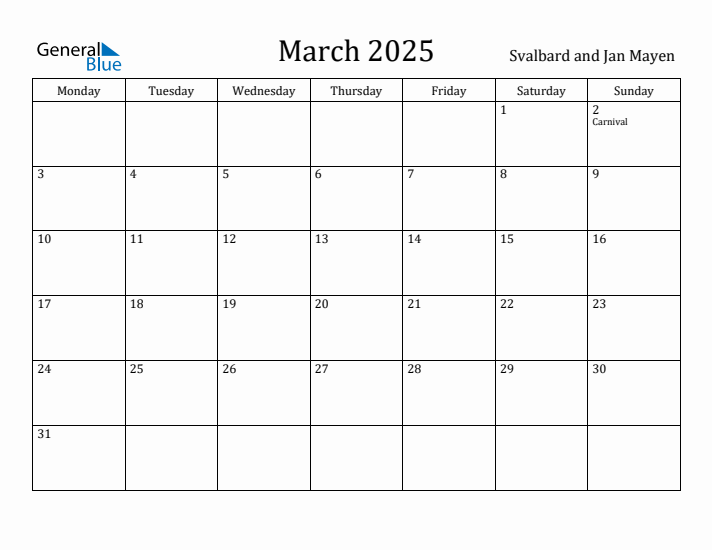 March 2025 Calendar Svalbard and Jan Mayen