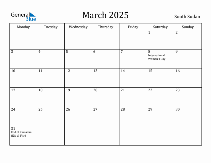 March 2025 Calendar South Sudan