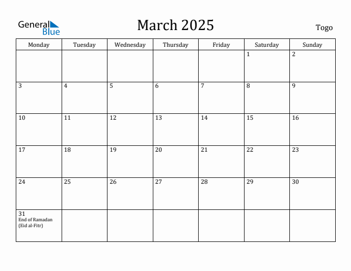 March 2025 Calendar Togo