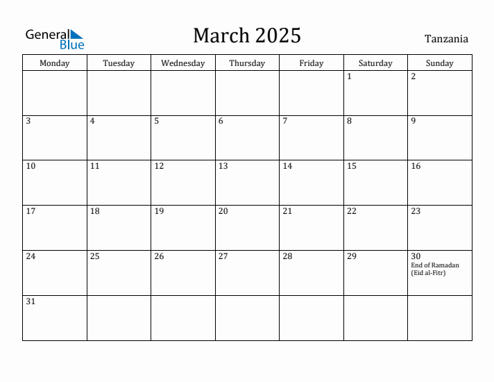 March 2025 Calendar Tanzania