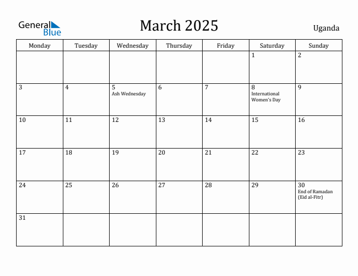 March 2025 Calendar Uganda