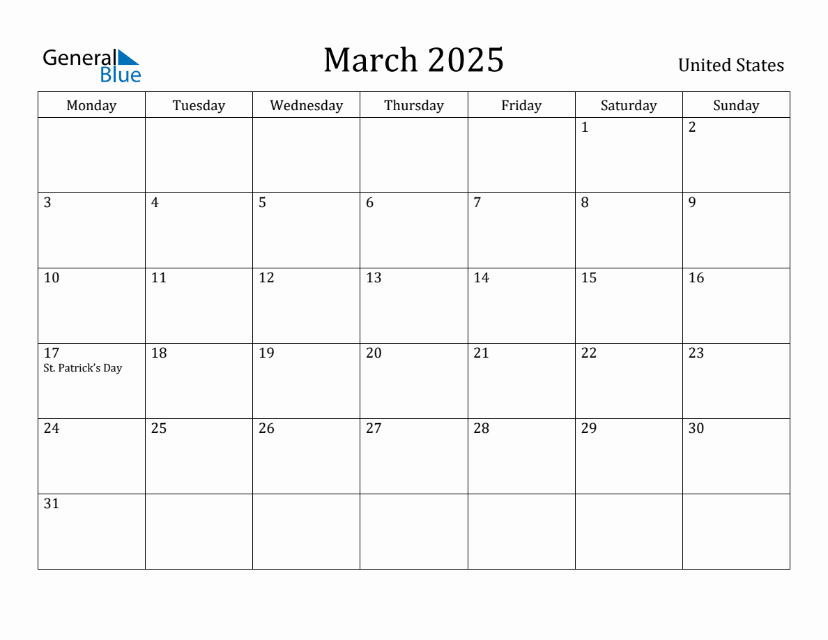 March 2025 United States Monthly Calendar with Holidays