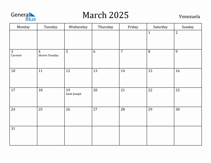 March 2025 Calendar Venezuela