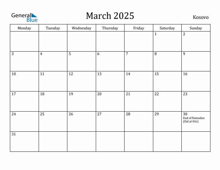 March 2025 Calendar Kosovo