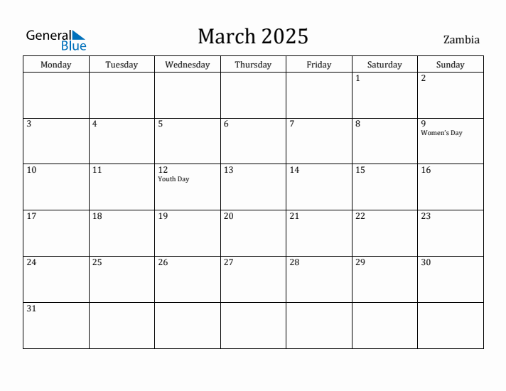 March 2025 Calendar Zambia