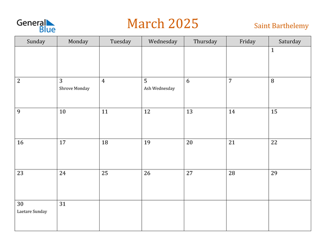 Saint Barthelemy March 2025 Calendar with Holidays