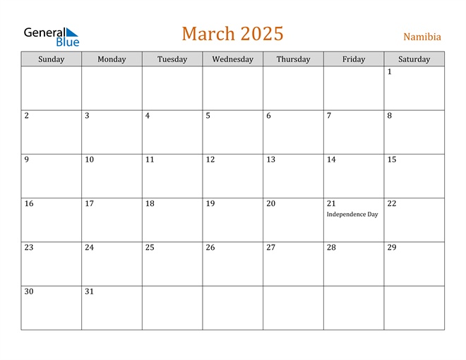 March 2025 Calendar with Namibia Holidays