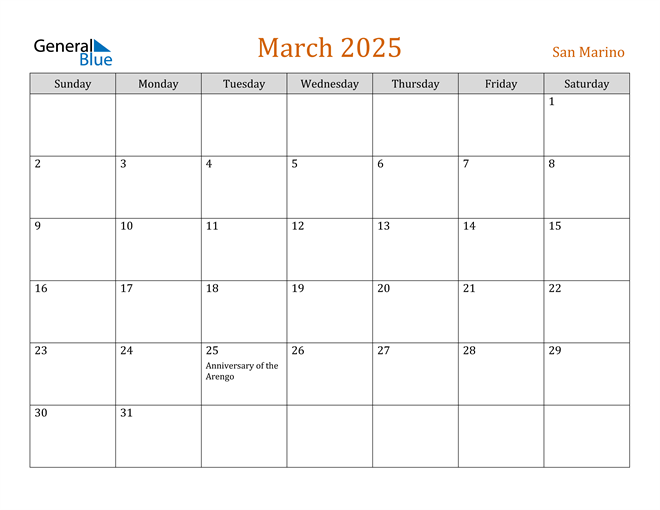 March 2025 Calendar with San Marino Holidays