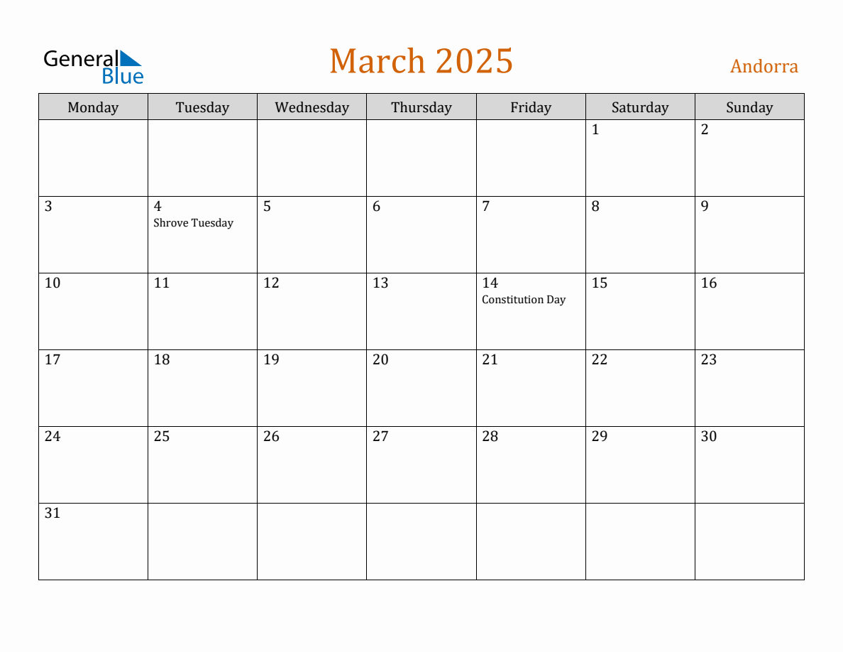 Free March 2025 Andorra Calendar