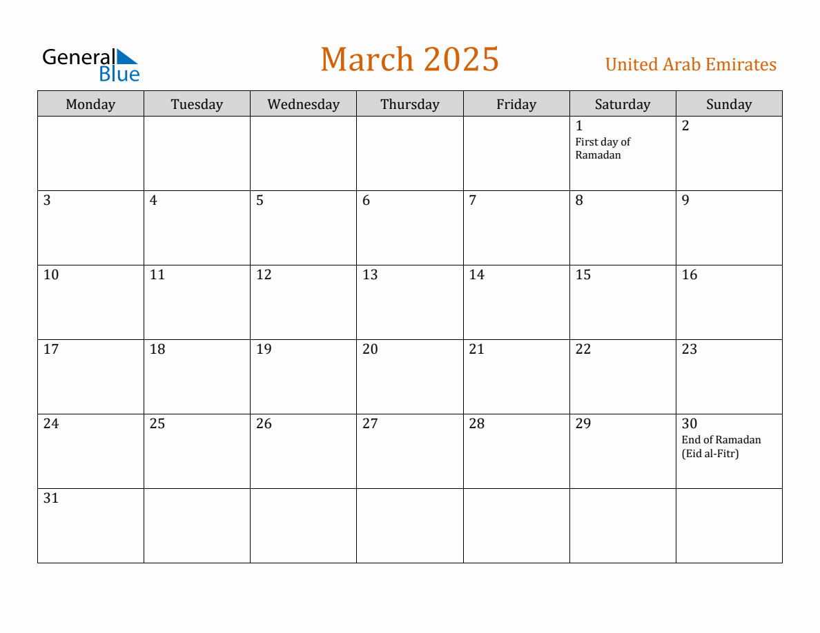 Free March 2025 United Arab Emirates Calendar