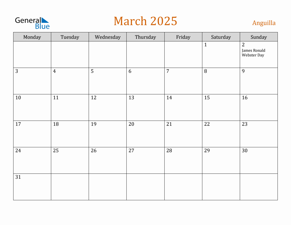 Free March 2025 Anguilla Calendar