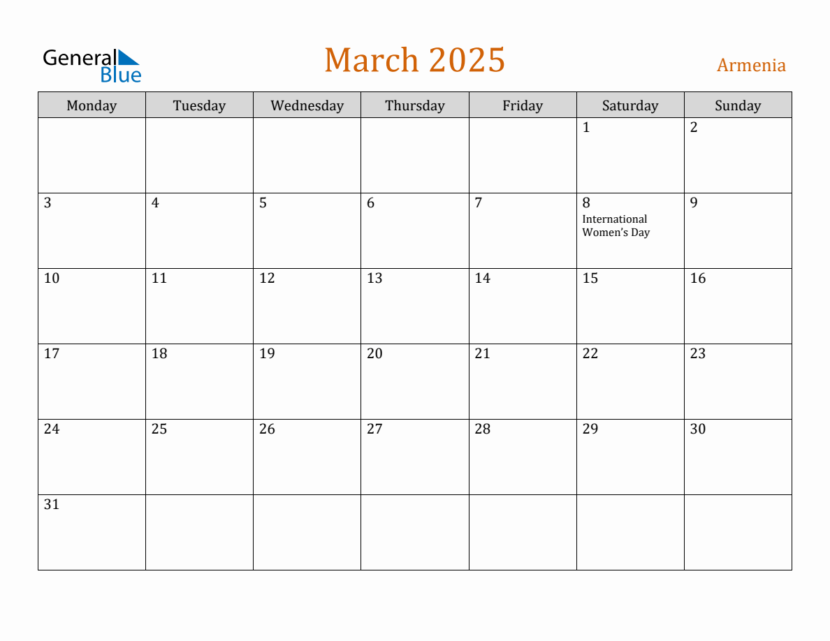 Free March 2025 Armenia Calendar