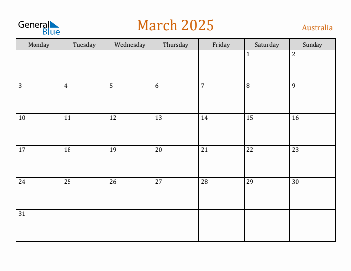 March 2025 - Australia Monthly Calendar with Holidays