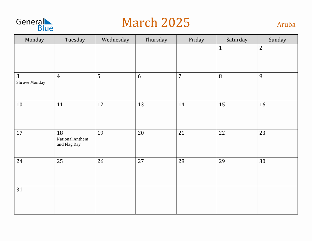 Free March 2025 Aruba Calendar