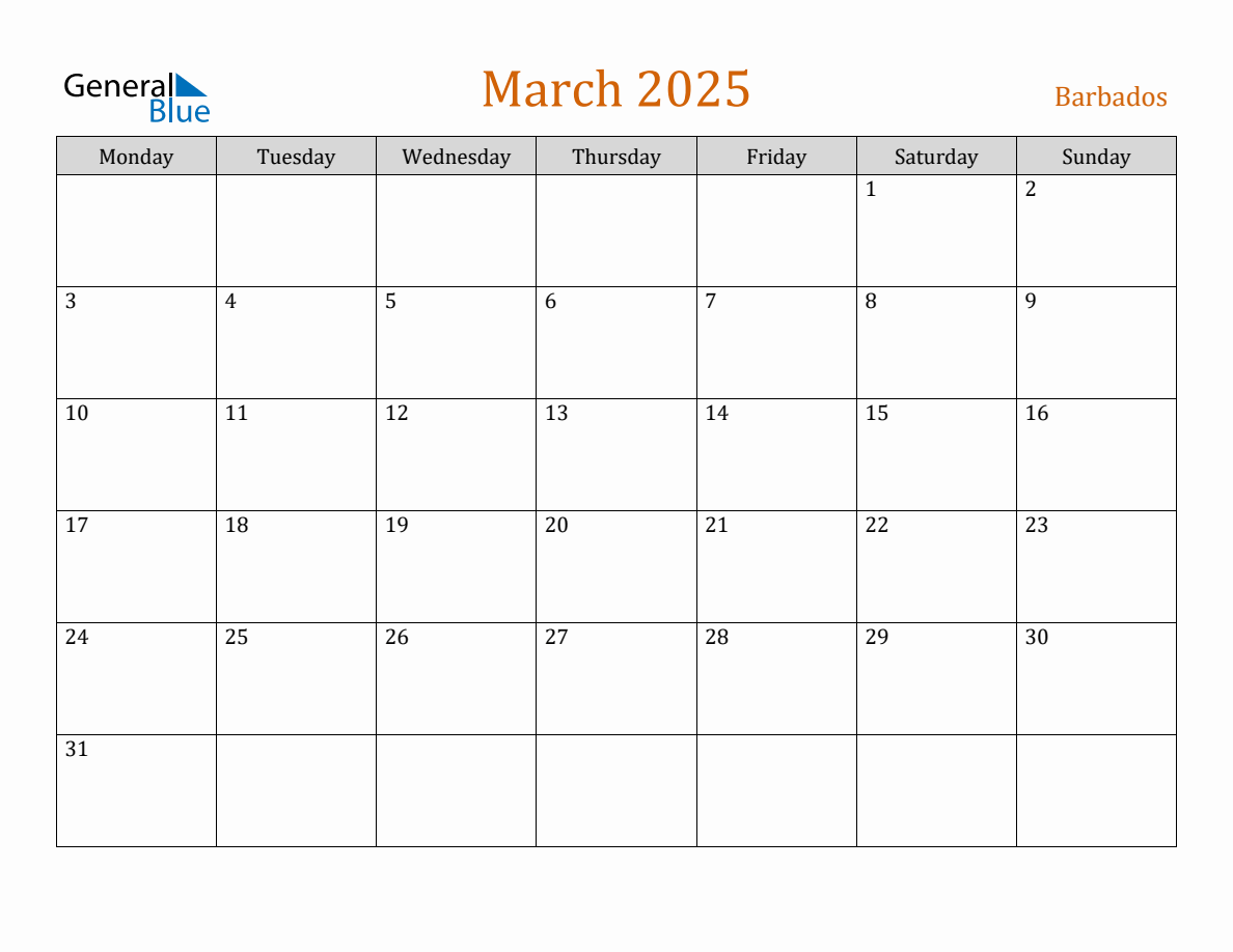 Free March 2025 Barbados Calendar