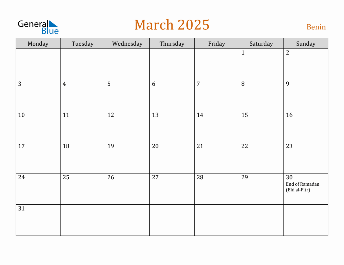 Free March 2025 Benin Calendar