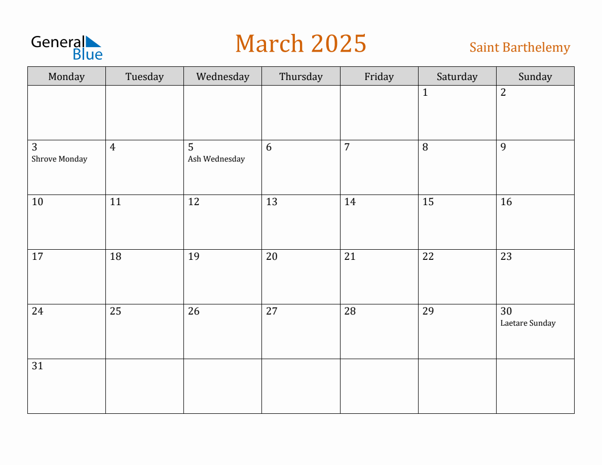 Free March 2025 Saint Barthelemy Calendar