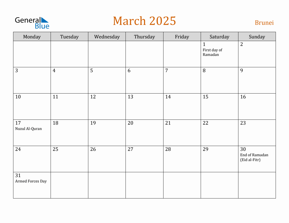 Free March 2025 Brunei Calendar
