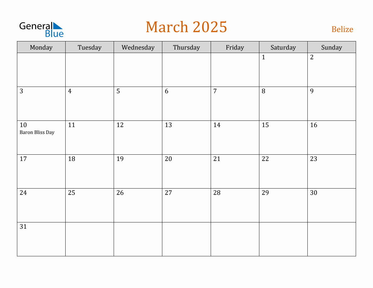 Free March 2025 Belize Calendar