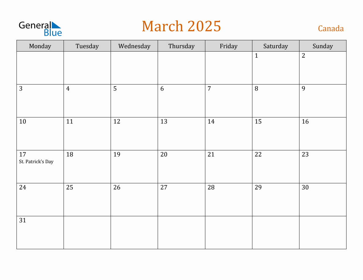 Free March 2025 Canada Calendar