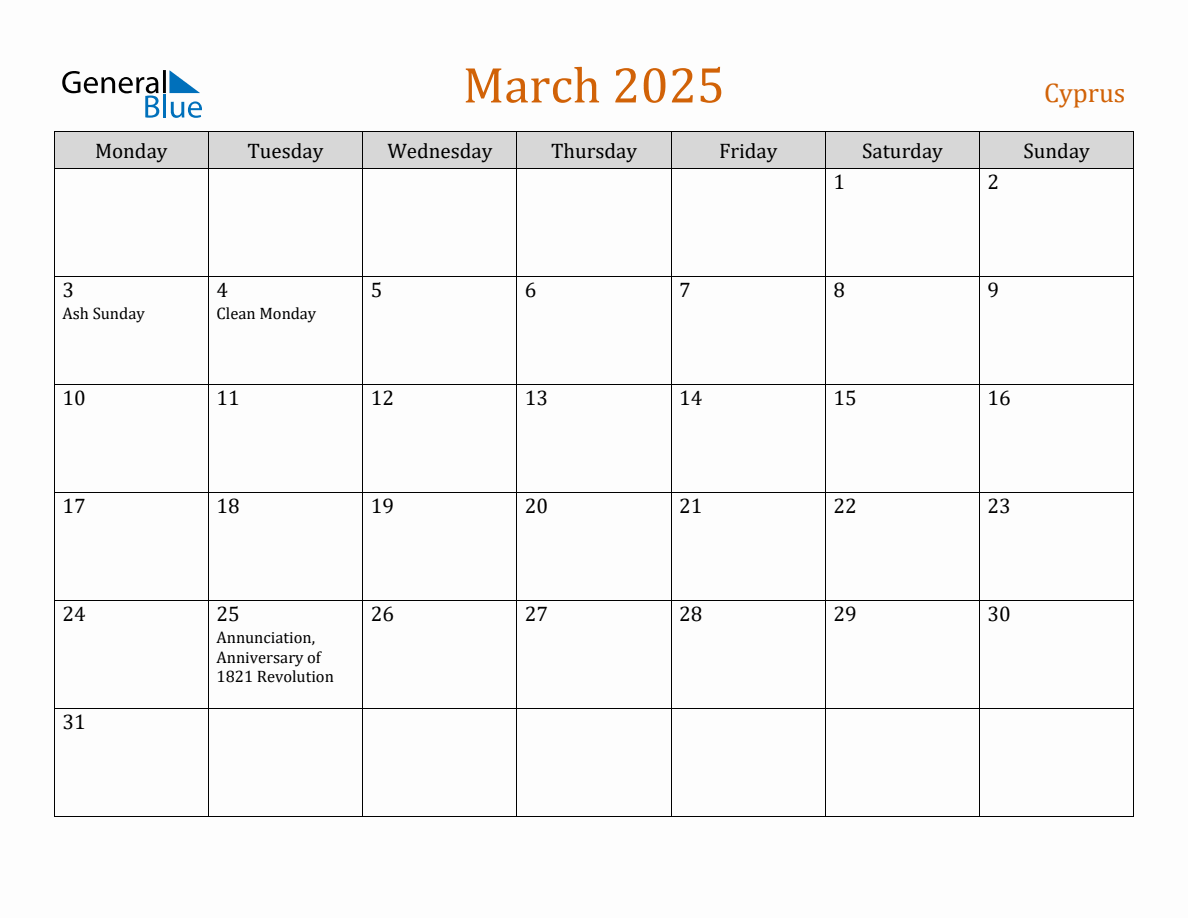 Free March 2025 Cyprus Calendar