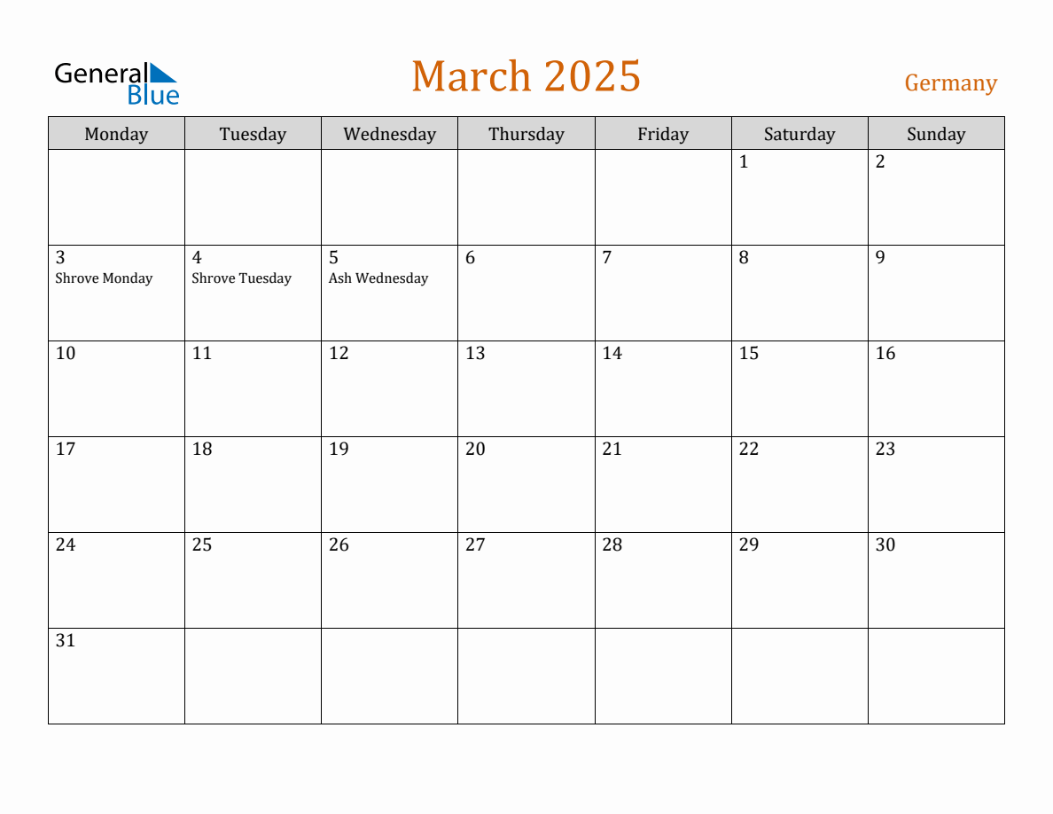 Free March 2025 Germany Calendar