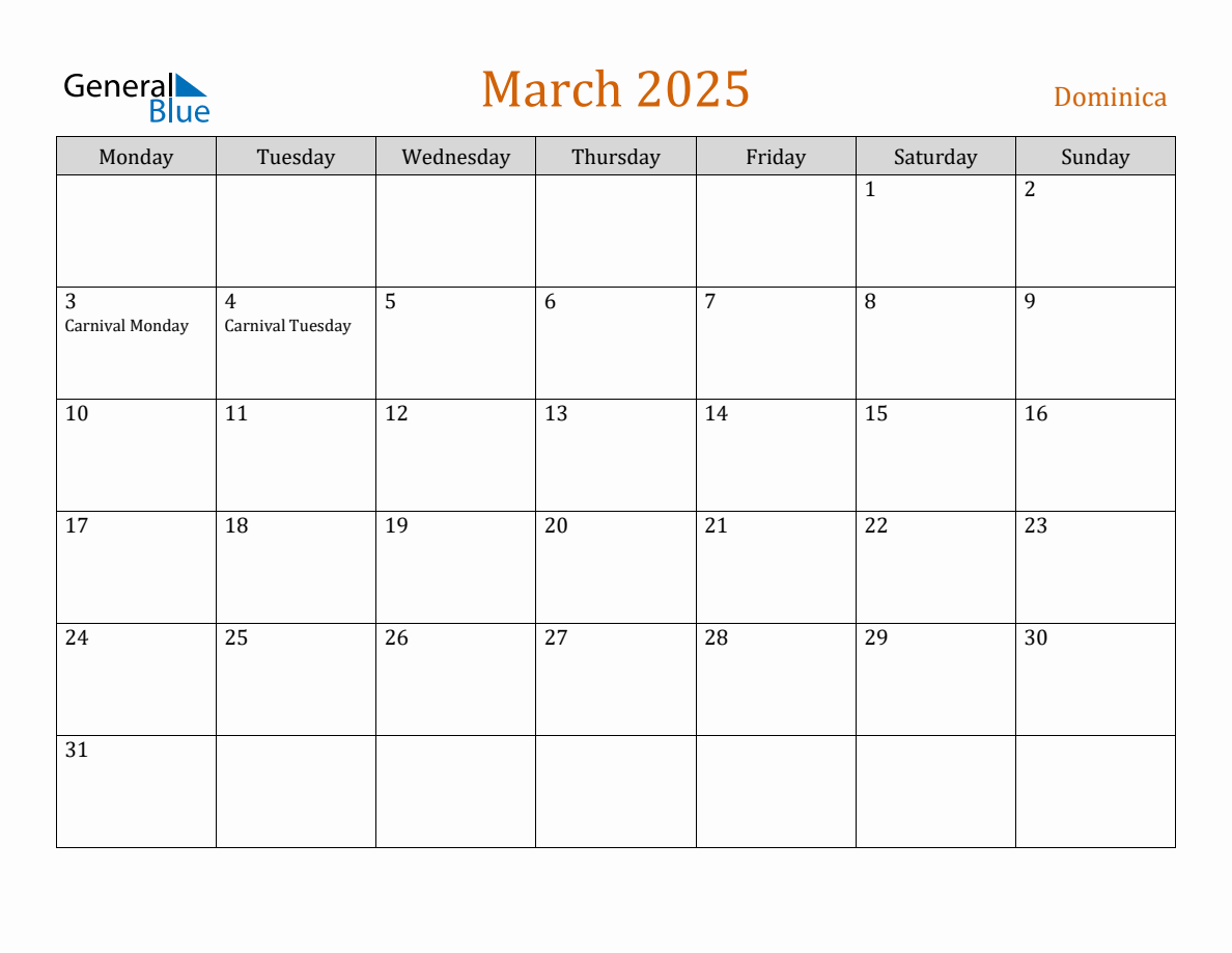 Free March 2025 Dominica Calendar