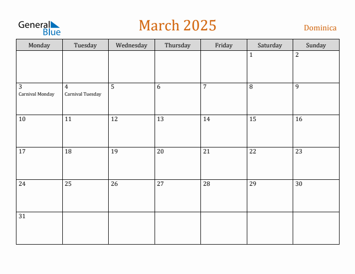 March 2025 Holiday Calendar with Monday Start