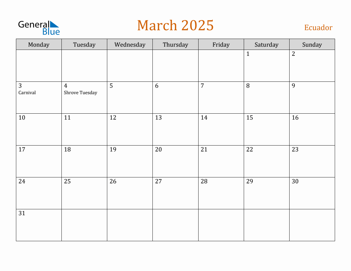 Free March 2025 Ecuador Calendar