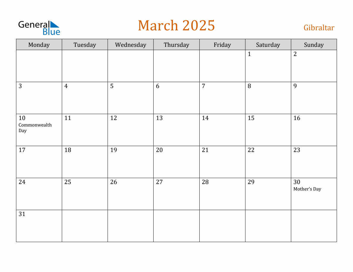 Free March 2025 Gibraltar Calendar