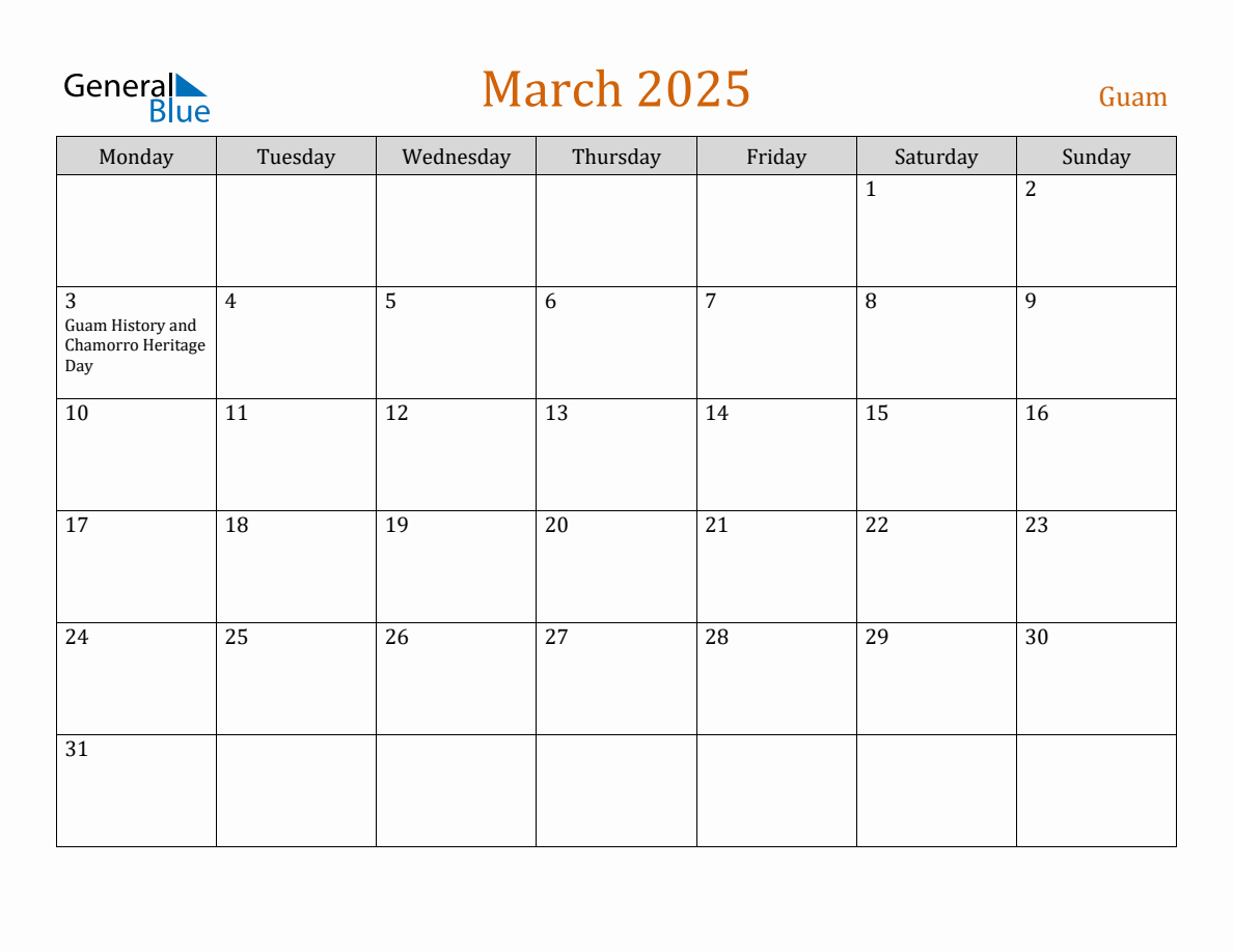 Free March 2025 Guam Calendar