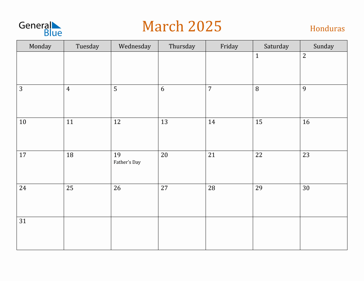 Free March 2025 Honduras Calendar