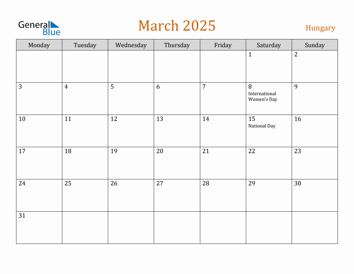 Free March 2025 Hungary Calendar
