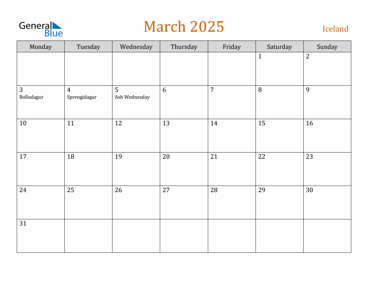 Free March 2025 Iceland Calendar