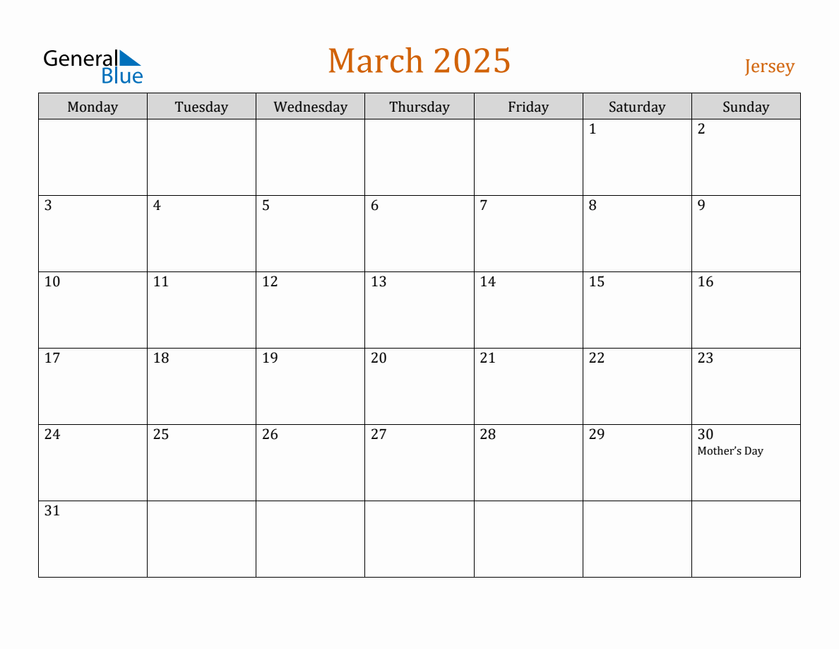 Free March 2025 Jersey Calendar