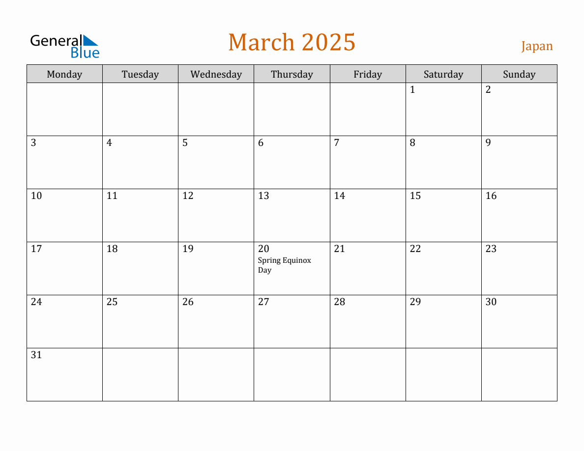 Free March 2025 Japan Calendar