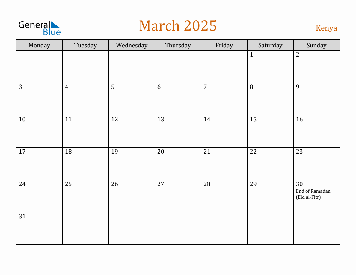 Free March 2025 Kenya Calendar