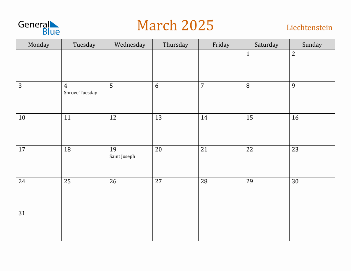 Free March 2025 Liechtenstein Calendar