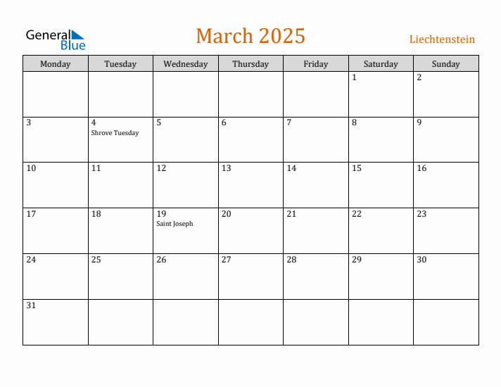 March 2025 Holiday Calendar with Monday Start