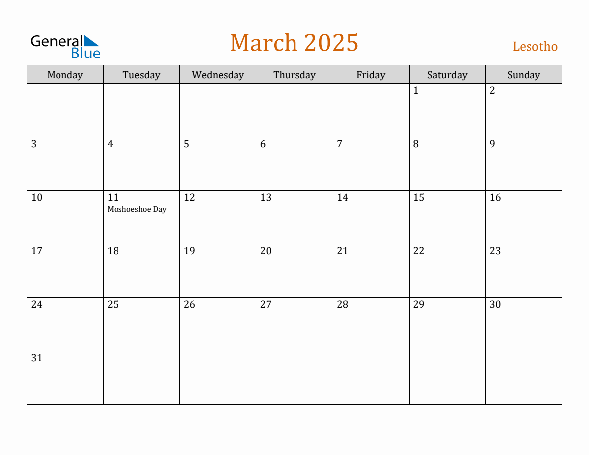 Free March 2025 Lesotho Calendar