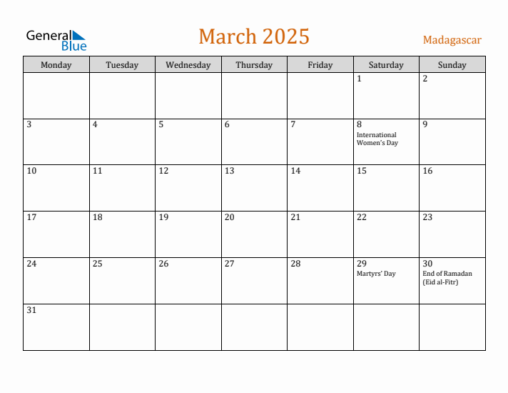 March 2025 Holiday Calendar with Monday Start